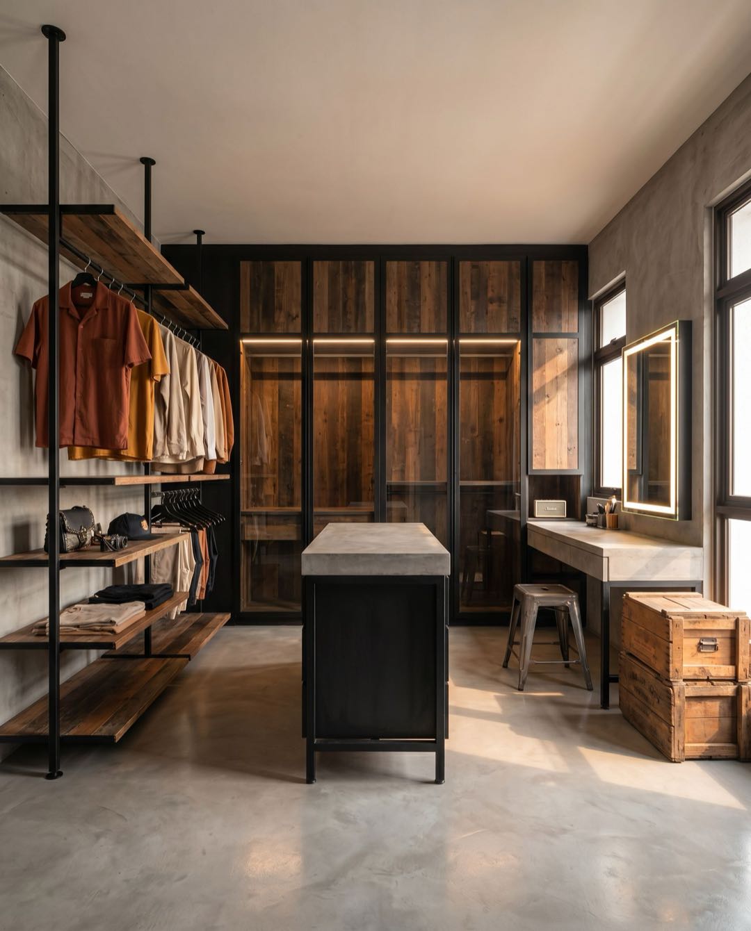 Industrial walk-in wardrobe in a Singapore HDB flat